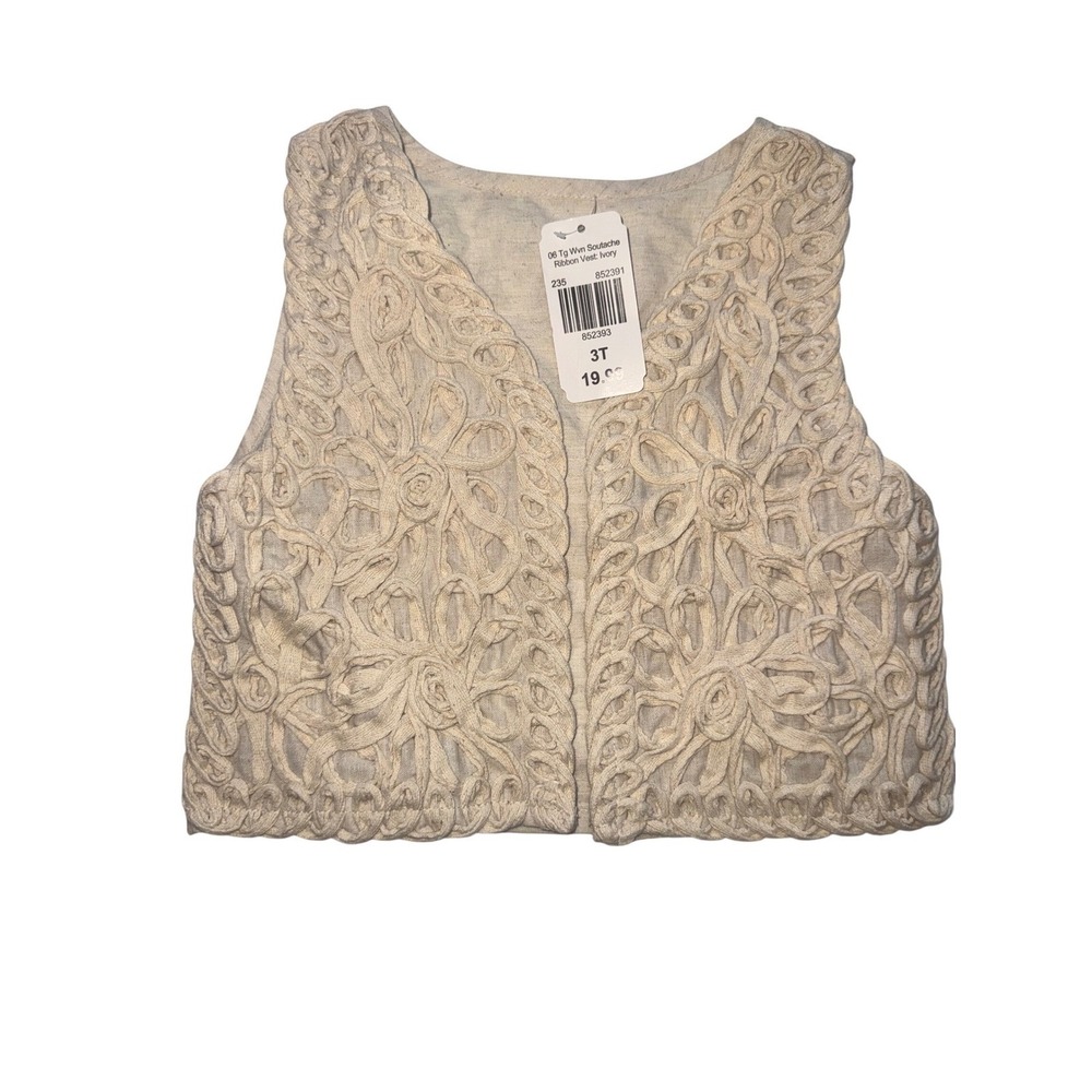 Girls Ivory Soutache Ribbon Vest Cotton Linen Blend Size 3T NWT Boho Layering